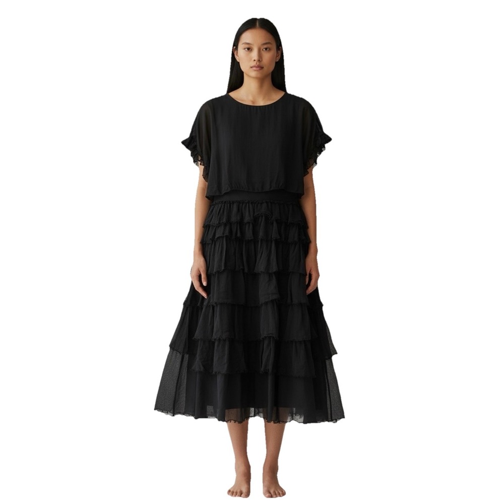 Gigi Moda‎ Black Silk Midi Dress Sz 6 Tiered Ruffle Vamp Whimsigoth Fairy